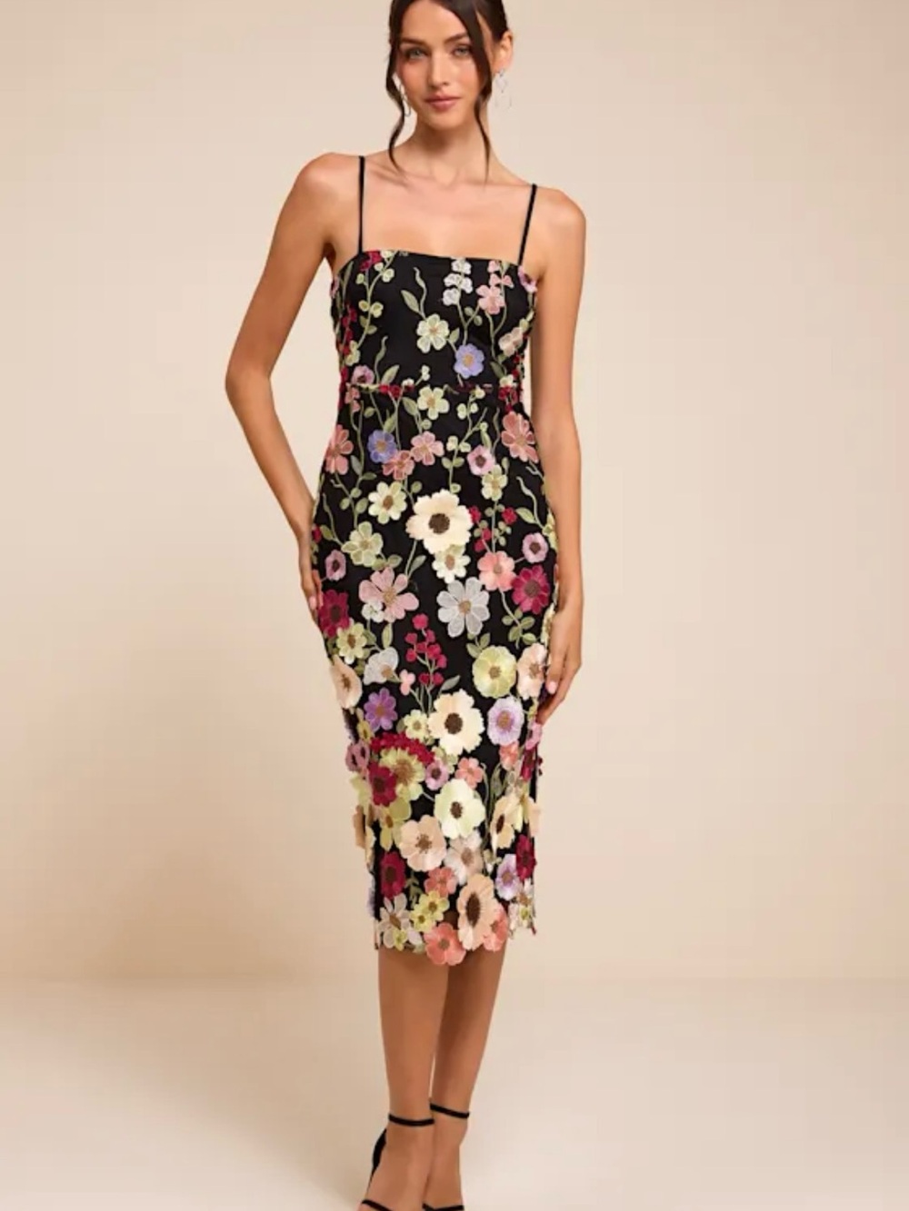 Thriving Energy Black 3D Floral Embroidered Lace-up Midi Dress
